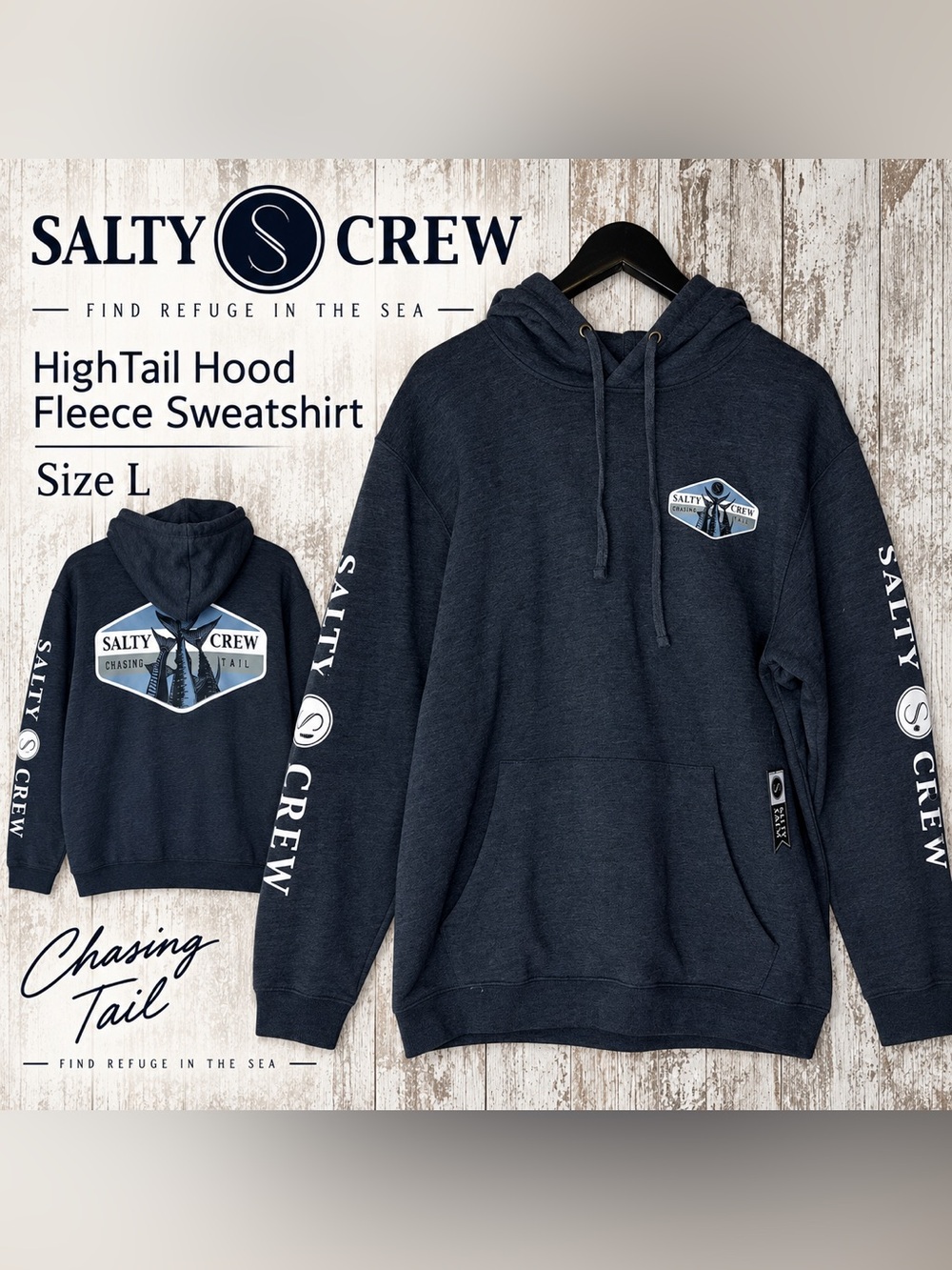 Salty Crew HighTail Hood Fleece Sweatshirt Men’s Large Navy Chasing Tail Hoodie